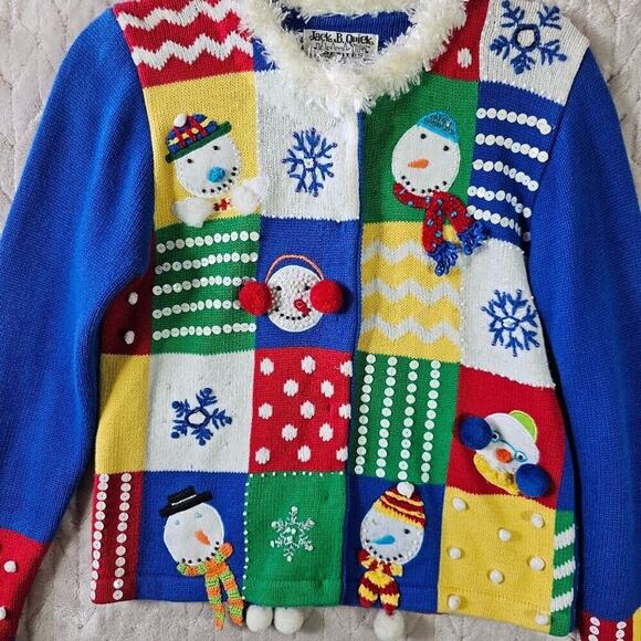 VTG Jack B Quick Winter Cardigan Womens Petite S Snowman Artsy Loud 3D Eccentric - Picture 6 of 7